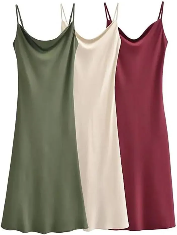 Women's Satin Slip Dress Sexy Slim Backless Strap Ankle MIDI Dress