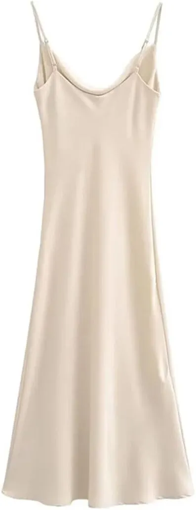 Women's Satin Slip Dress Sexy Slim Backless Strap Ankle MIDI Dress
