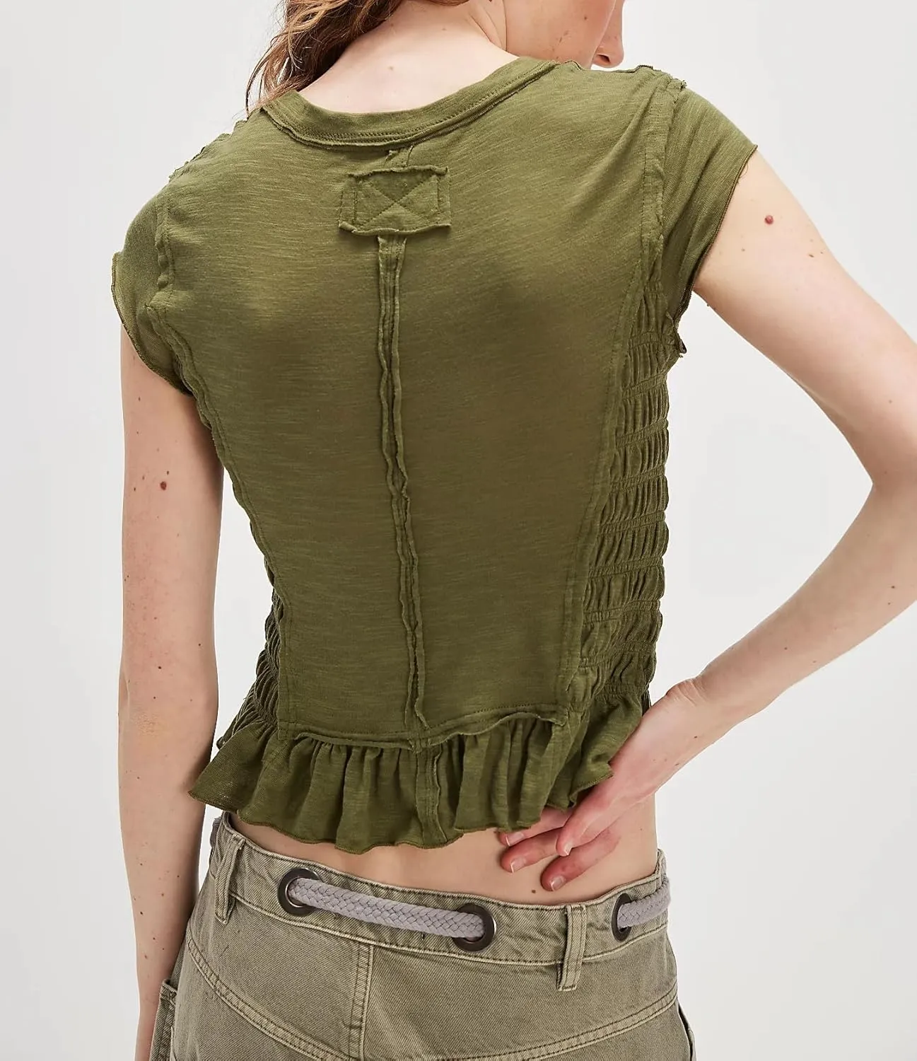 Womens Smocked Tops Summer Shirred Ruffle Going Out Y2k Short Cap Sleeve Baby Tee Slim Fit Going Out Crop Tank Top