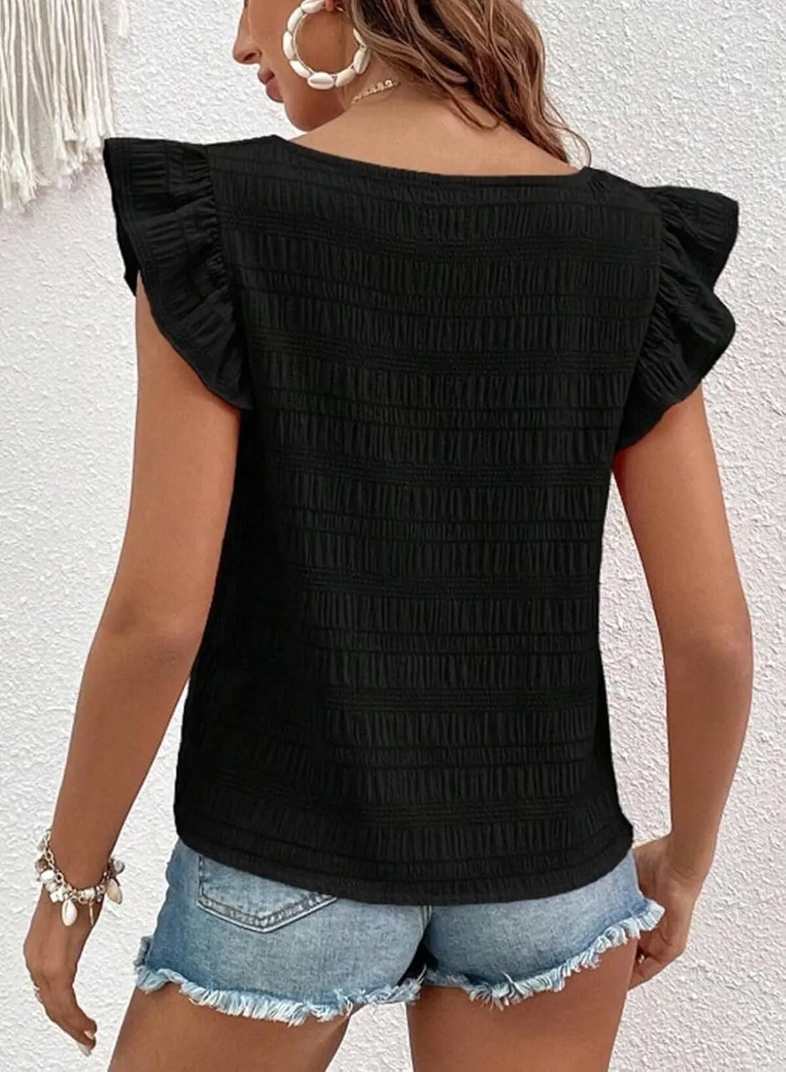 Womens Summer Tops Square Neck Ruffle Short Sleeve Textured Blouses Dressy Casual Shirts