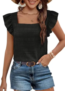 Womens Summer Tops Square Neck Ruffle Short Sleeve Textured Blouses Dressy Casual Shirts