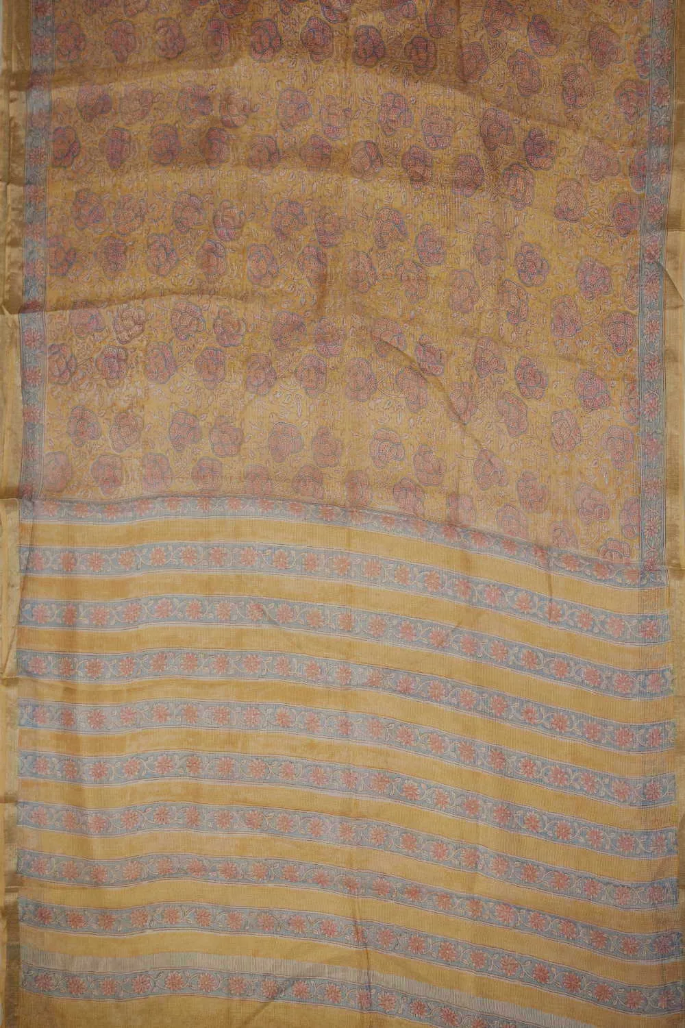 Yellow Block Printed Kota Silk saree