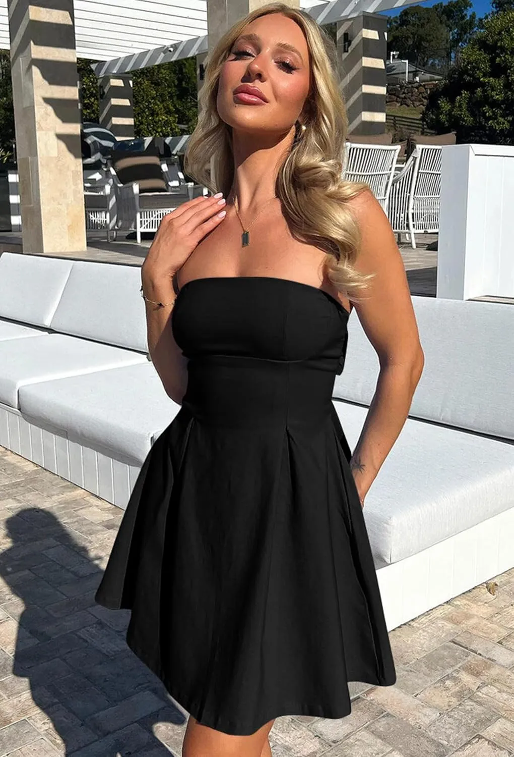 YMDUCH Women's Sexy Sleeveless Strapless Bow Tie A Line Party Club Short Mini Dress