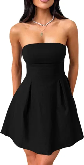 YMDUCH Women's Sexy Sleeveless Strapless Bow Tie A Line Party Club Short Mini Dress