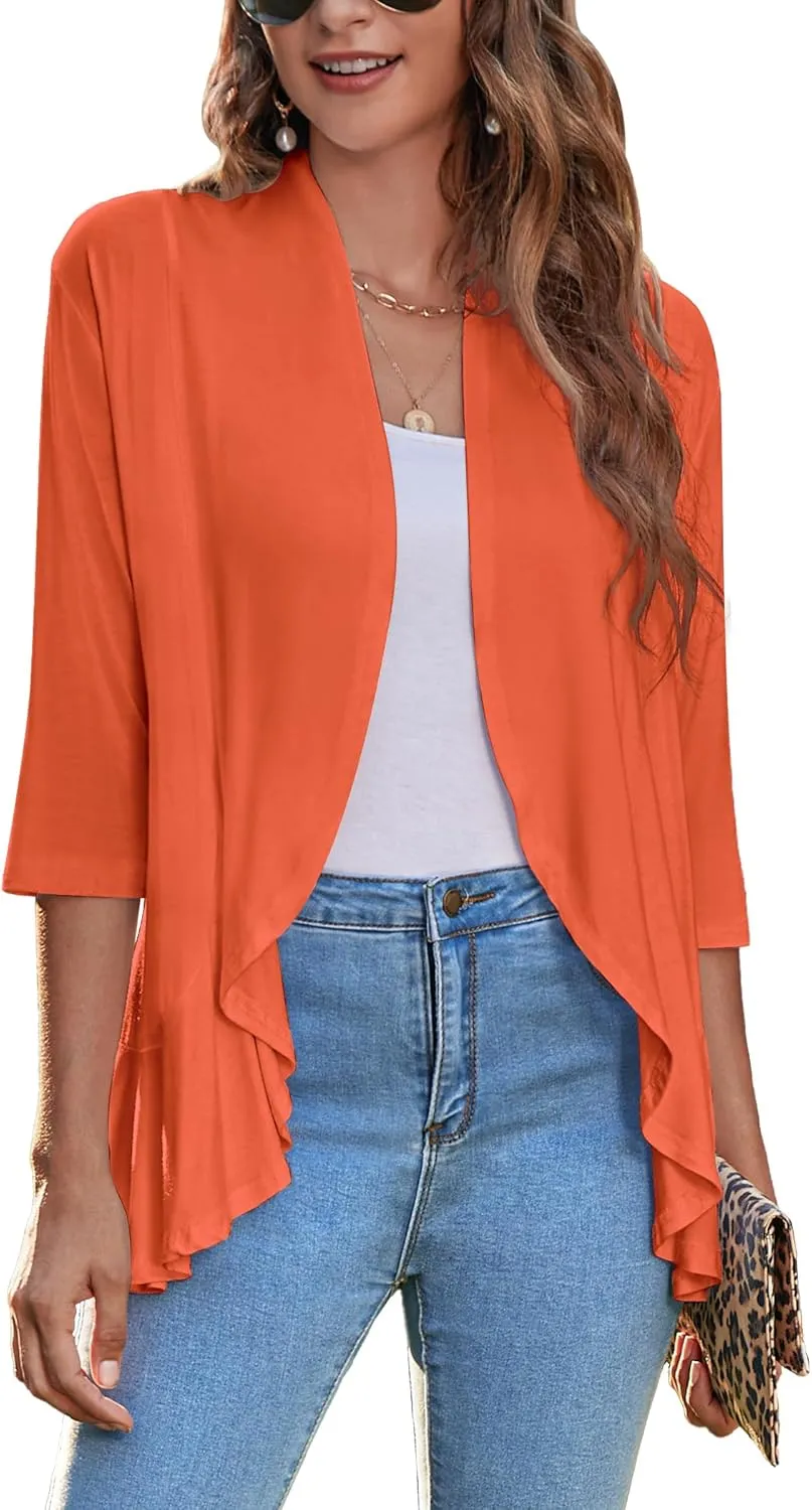 Zeagoo Women's Open Front Cardigan 3/4 Sleeve Draped Ruffles Soft Knit Sweaters S-3XL