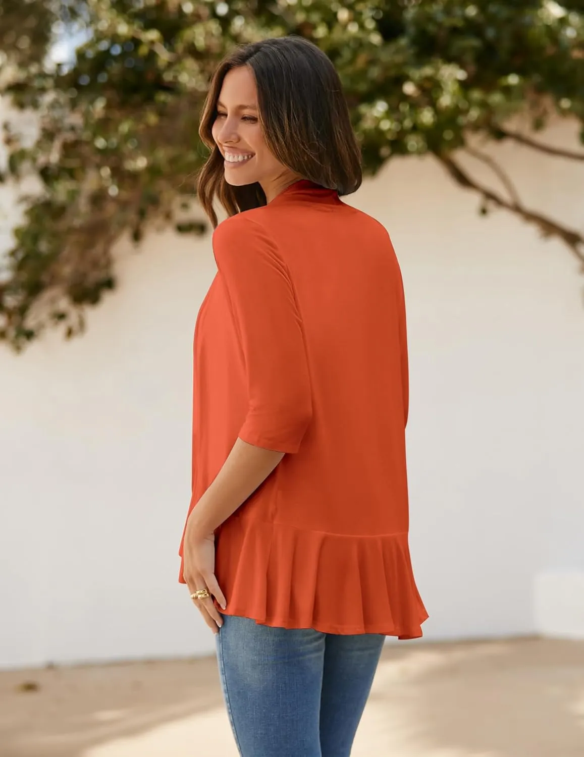 Zeagoo Women's Open Front Cardigan 3/4 Sleeve Draped Ruffles Soft Knit Sweaters S-3XL