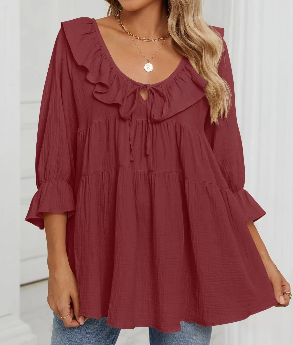 ZESICA Womens Scoop Neck 3/4 Length Sleeve Tops Casual Tie Front Ruffle Tiered Loose Tunic Shirts Blouses Spring Outfits