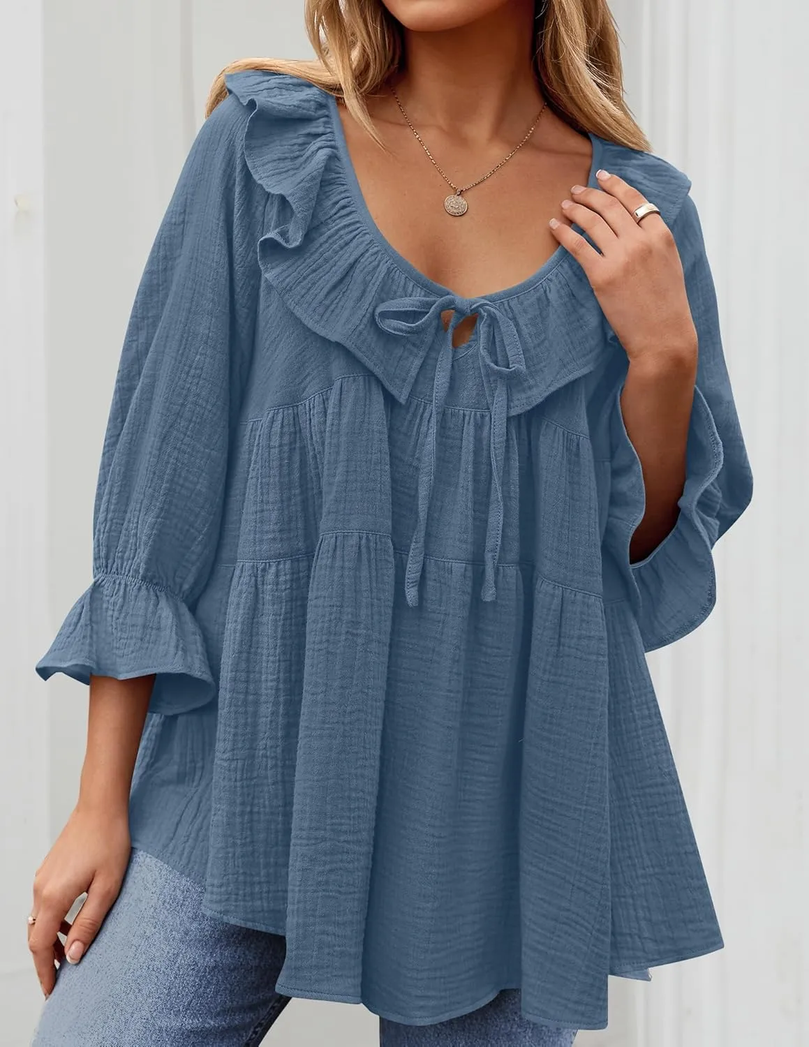 ZESICA Womens Scoop Neck 3/4 Length Sleeve Tops Casual Tie Front Ruffle Tiered Loose Tunic Shirts Blouses Spring Outfits