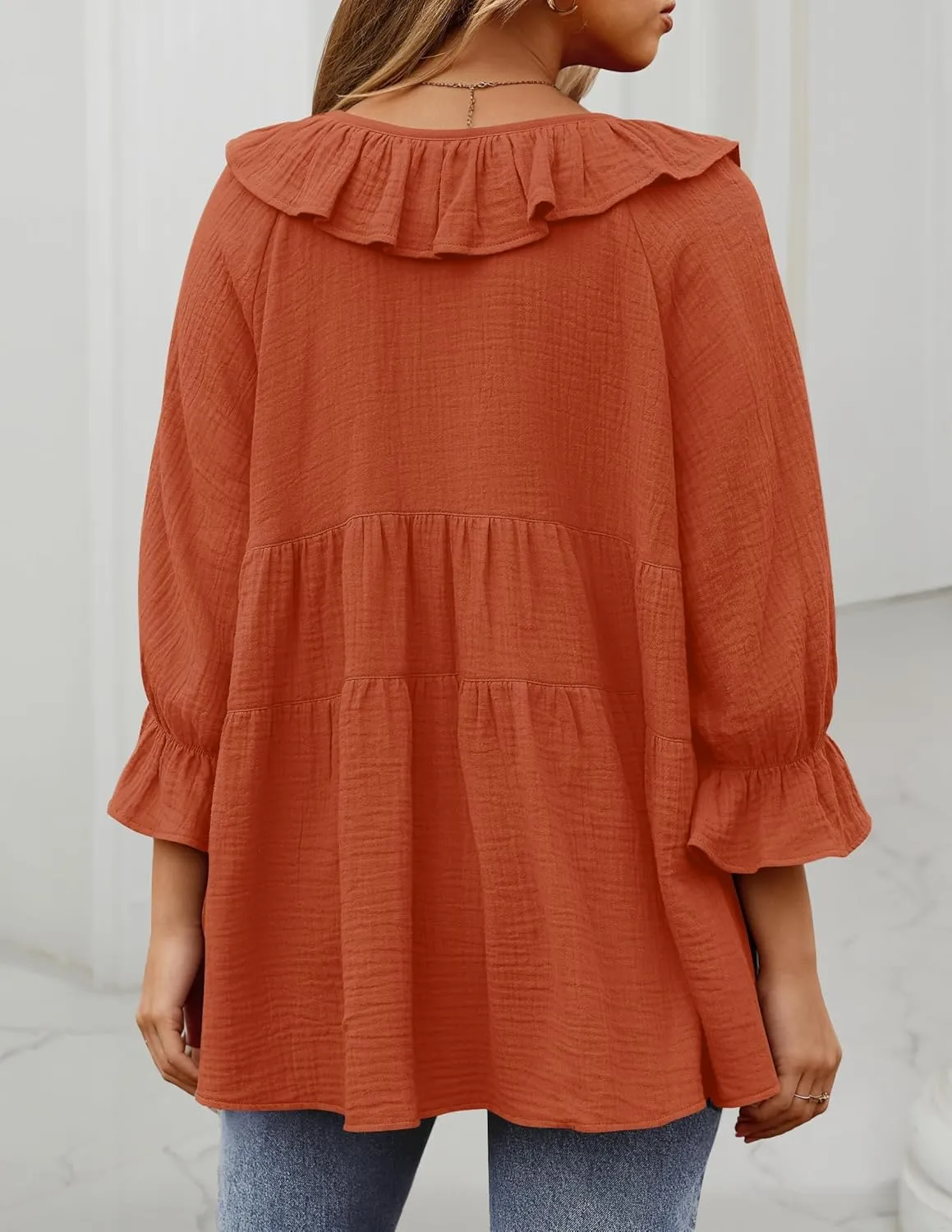 ZESICA Womens Scoop Neck 3/4 Length Sleeve Tops Casual Tie Front Ruffle Tiered Loose Tunic Shirts Blouses Spring Outfits