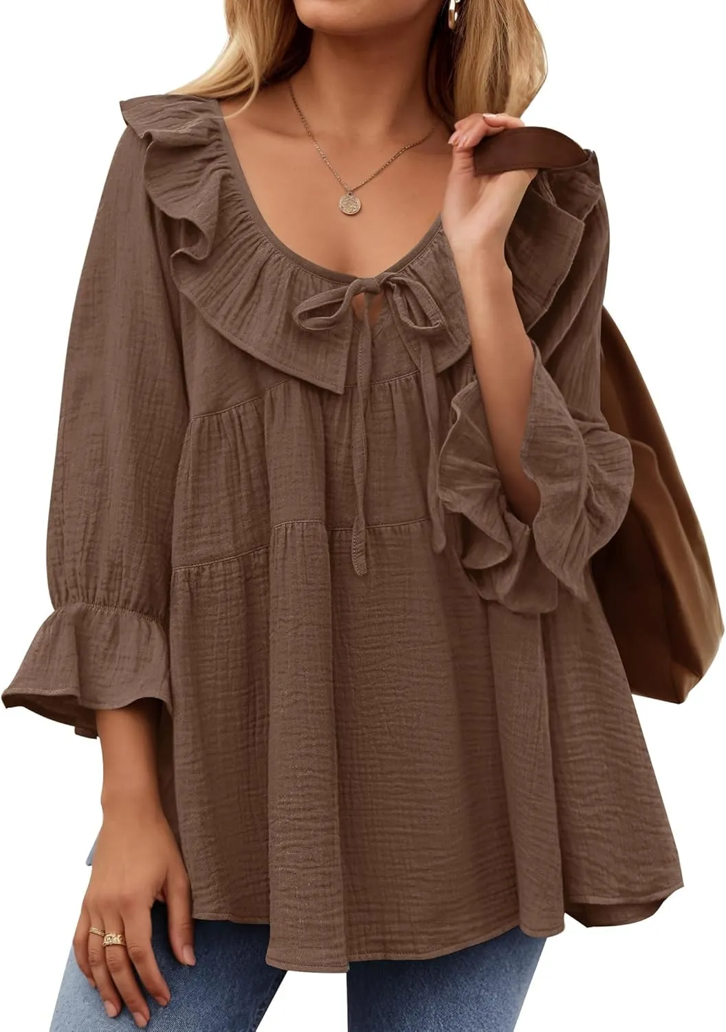 ZESICA Womens Scoop Neck 3/4 Length Sleeve Tops Casual Tie Front Ruffle Tiered Loose Tunic Shirts Blouses Spring Outfits