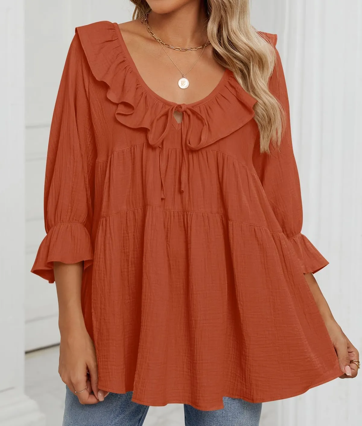 ZESICA Womens Scoop Neck 3/4 Length Sleeve Tops Casual Tie Front Ruffle Tiered Loose Tunic Shirts Blouses Spring Outfits