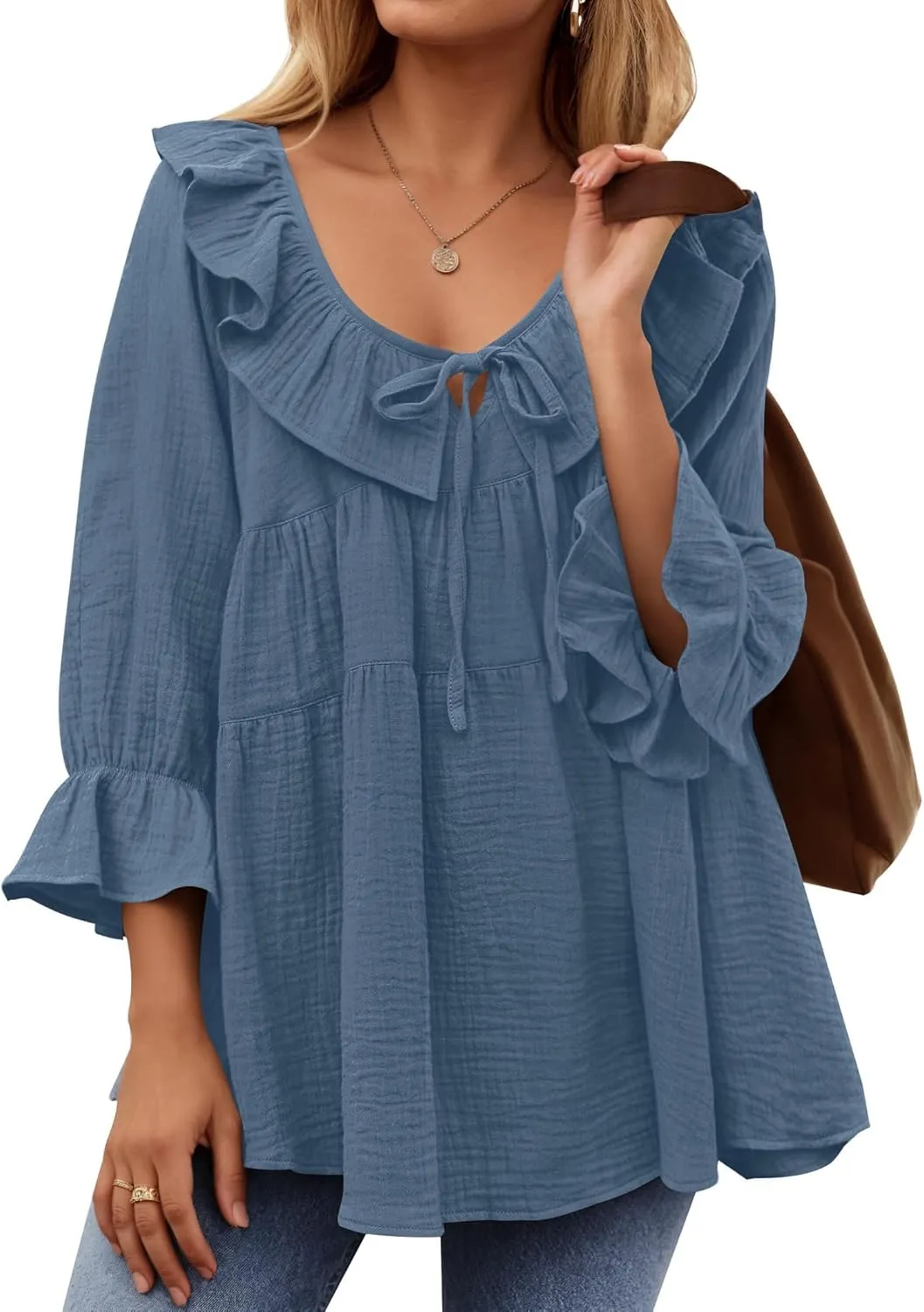 ZESICA Womens Scoop Neck 3/4 Length Sleeve Tops Casual Tie Front Ruffle Tiered Loose Tunic Shirts Blouses Spring Outfits