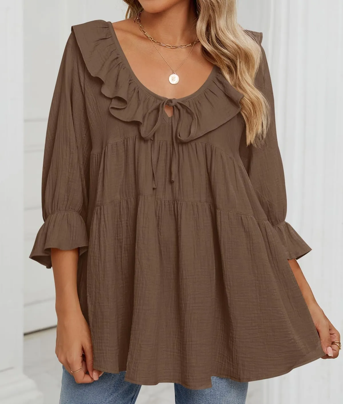 ZESICA Womens Scoop Neck 3/4 Length Sleeve Tops Casual Tie Front Ruffle Tiered Loose Tunic Shirts Blouses Spring Outfits