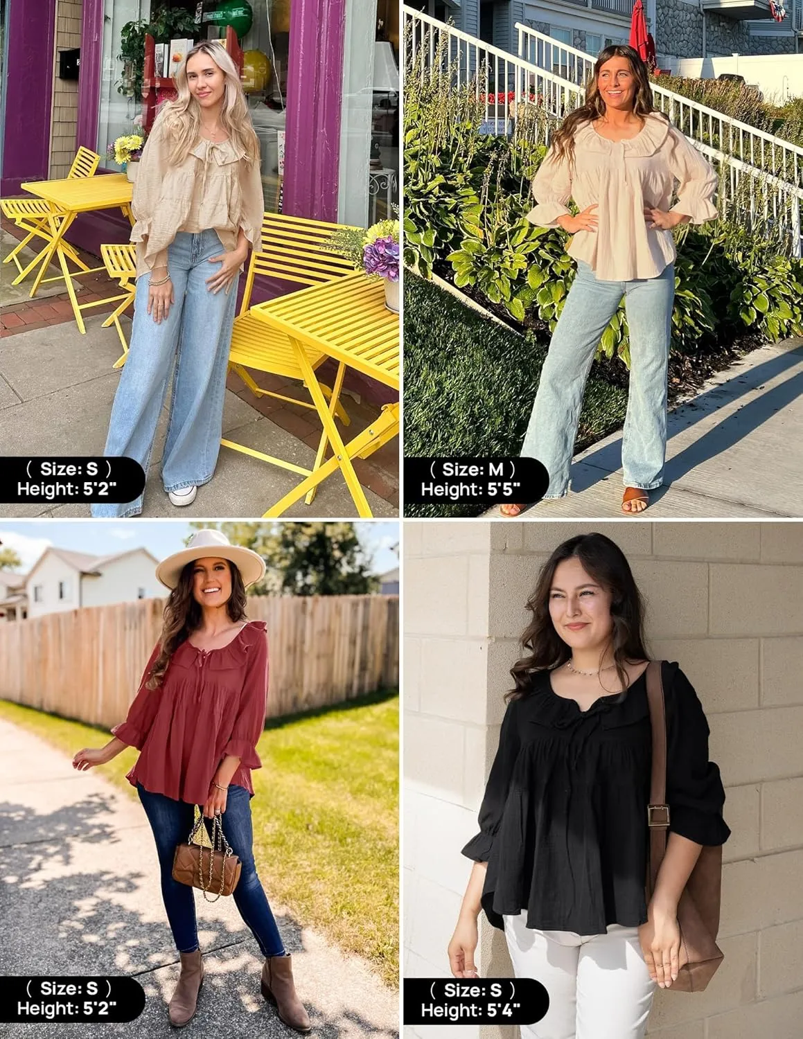 ZESICA Womens Scoop Neck 3/4 Length Sleeve Tops Casual Tie Front Ruffle Tiered Loose Tunic Shirts Blouses Spring Outfits