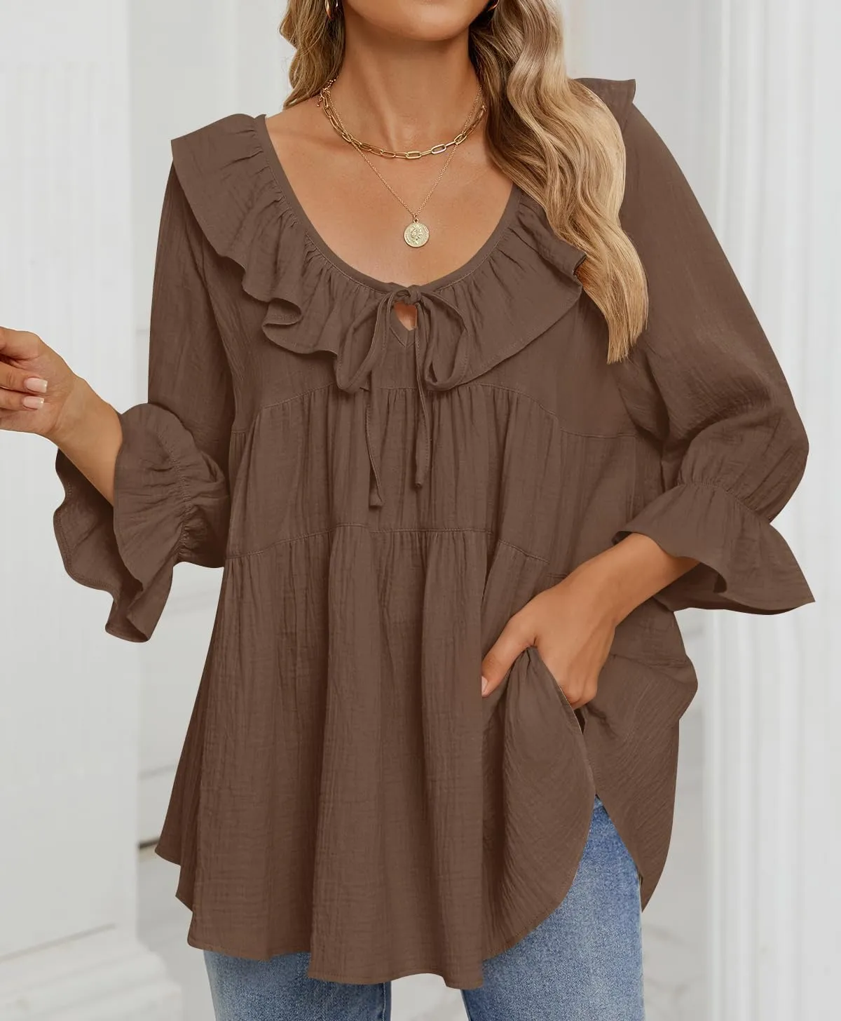 ZESICA Womens Scoop Neck 3/4 Length Sleeve Tops Casual Tie Front Ruffle Tiered Loose Tunic Shirts Blouses Spring Outfits
