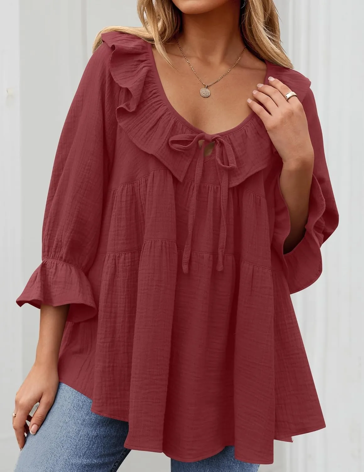 ZESICA Womens Scoop Neck 3/4 Length Sleeve Tops Casual Tie Front Ruffle Tiered Loose Tunic Shirts Blouses Spring Outfits