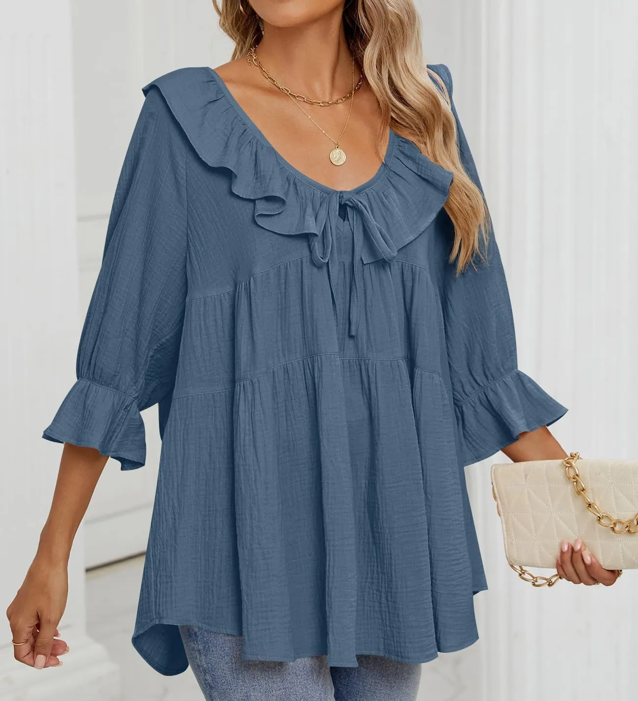 ZESICA Womens Scoop Neck 3/4 Length Sleeve Tops Casual Tie Front Ruffle Tiered Loose Tunic Shirts Blouses Spring Outfits