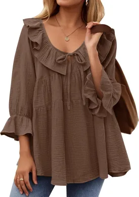 ZESICA Womens Scoop Neck 3/4 Length Sleeve Tops Casual Tie Front Ruffle Tiered Loose Tunic Shirts Blouses Spring Outfits