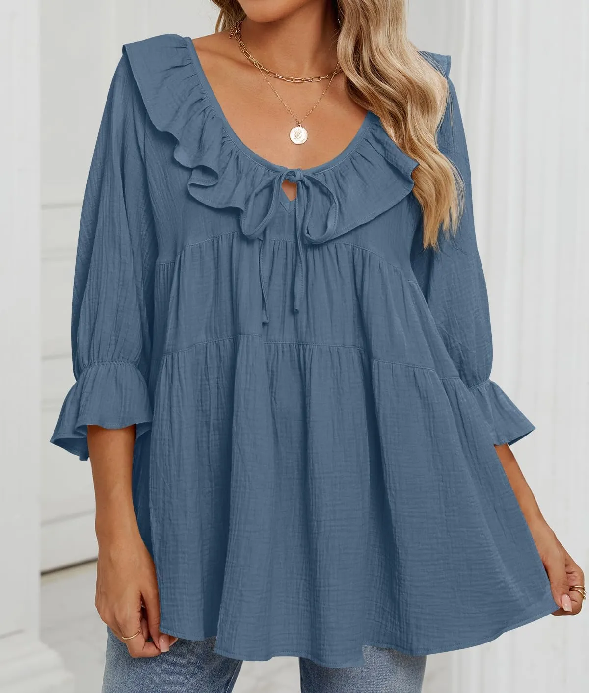 ZESICA Womens Scoop Neck 3/4 Length Sleeve Tops Casual Tie Front Ruffle Tiered Loose Tunic Shirts Blouses Spring Outfits