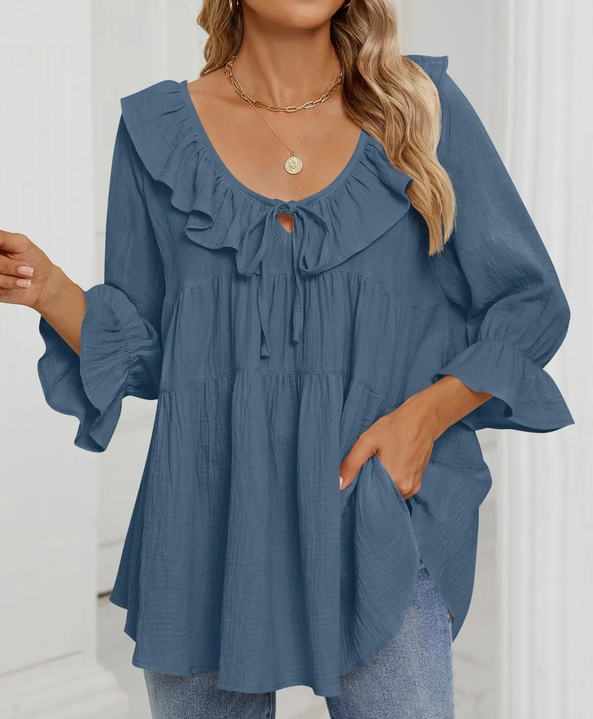 ZESICA Womens Scoop Neck 3/4 Length Sleeve Tops Casual Tie Front Ruffle Tiered Loose Tunic Shirts Blouses Spring Outfits