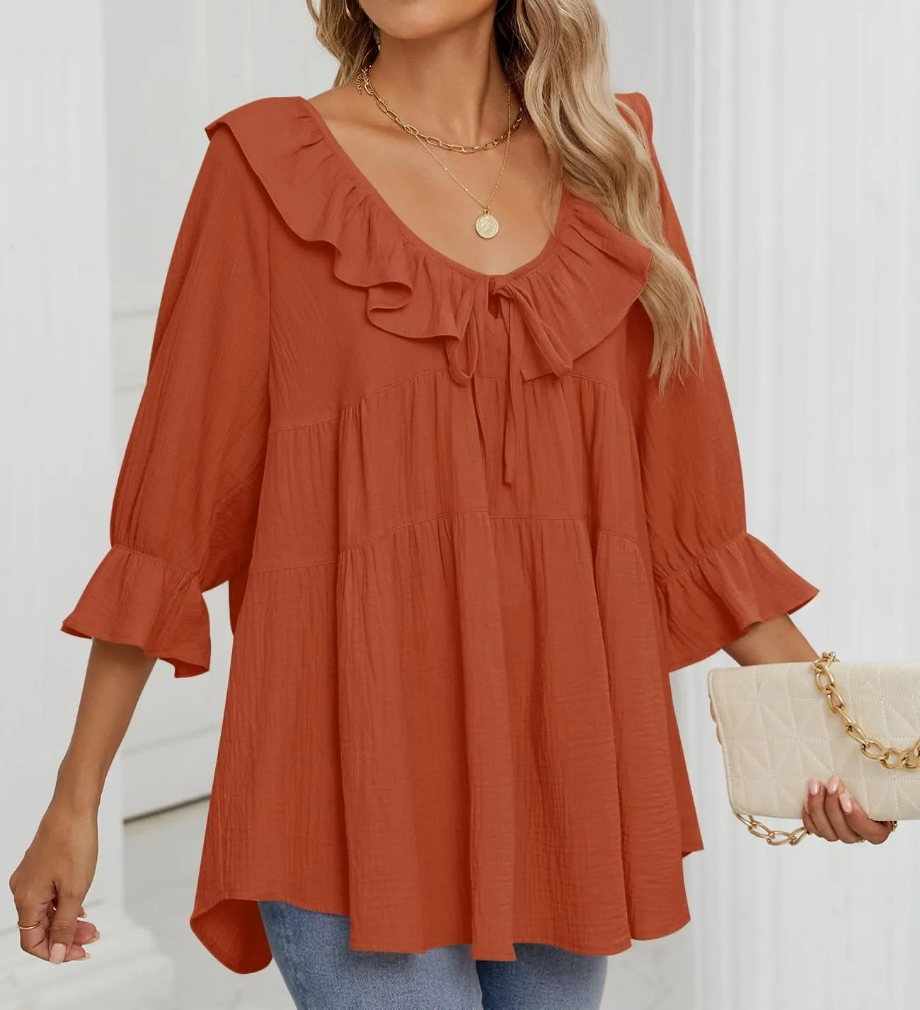 ZESICA Womens Scoop Neck 3/4 Length Sleeve Tops Casual Tie Front Ruffle Tiered Loose Tunic Shirts Blouses Spring Outfits
