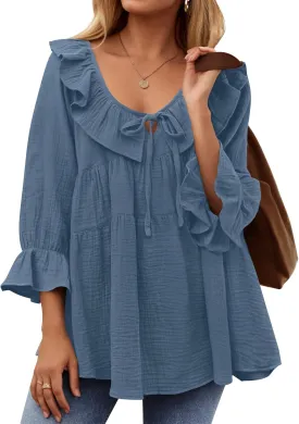 ZESICA Womens Scoop Neck 3/4 Length Sleeve Tops Casual Tie Front Ruffle Tiered Loose Tunic Shirts Blouses Spring Outfits
