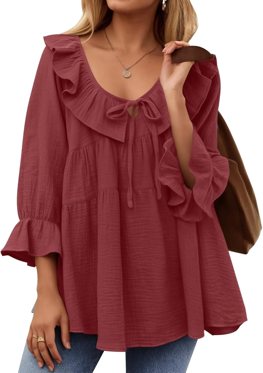 ZESICA Womens Scoop Neck 3/4 Length Sleeve Tops Casual Tie Front Ruffle Tiered Loose Tunic Shirts Blouses Spring Outfits