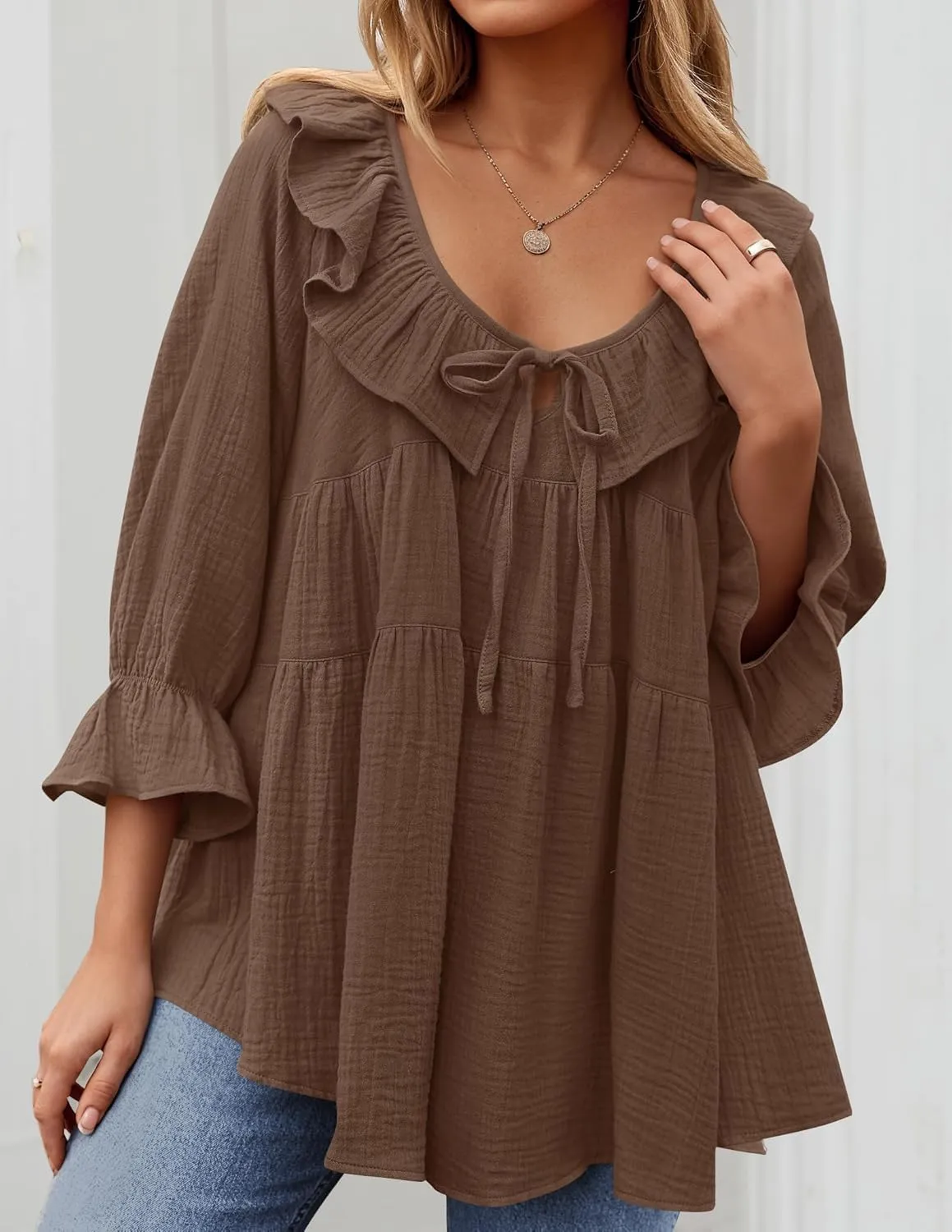 ZESICA Womens Scoop Neck 3/4 Length Sleeve Tops Casual Tie Front Ruffle Tiered Loose Tunic Shirts Blouses Spring Outfits