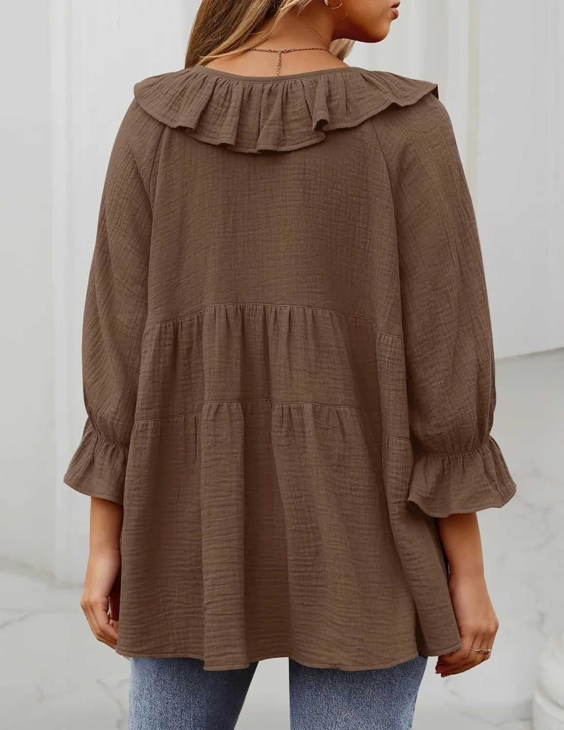 ZESICA Womens Scoop Neck 3/4 Length Sleeve Tops Casual Tie Front Ruffle Tiered Loose Tunic Shirts Blouses Spring Outfits