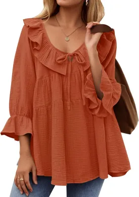 ZESICA Womens Scoop Neck 3/4 Length Sleeve Tops Casual Tie Front Ruffle Tiered Loose Tunic Shirts Blouses Spring Outfits