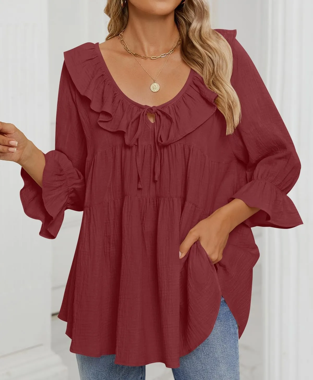 ZESICA Womens Scoop Neck 3/4 Length Sleeve Tops Casual Tie Front Ruffle Tiered Loose Tunic Shirts Blouses Spring Outfits