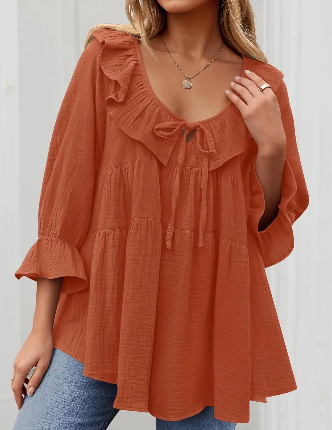 ZESICA Womens Scoop Neck 3/4 Length Sleeve Tops Casual Tie Front Ruffle Tiered Loose Tunic Shirts Blouses Spring Outfits