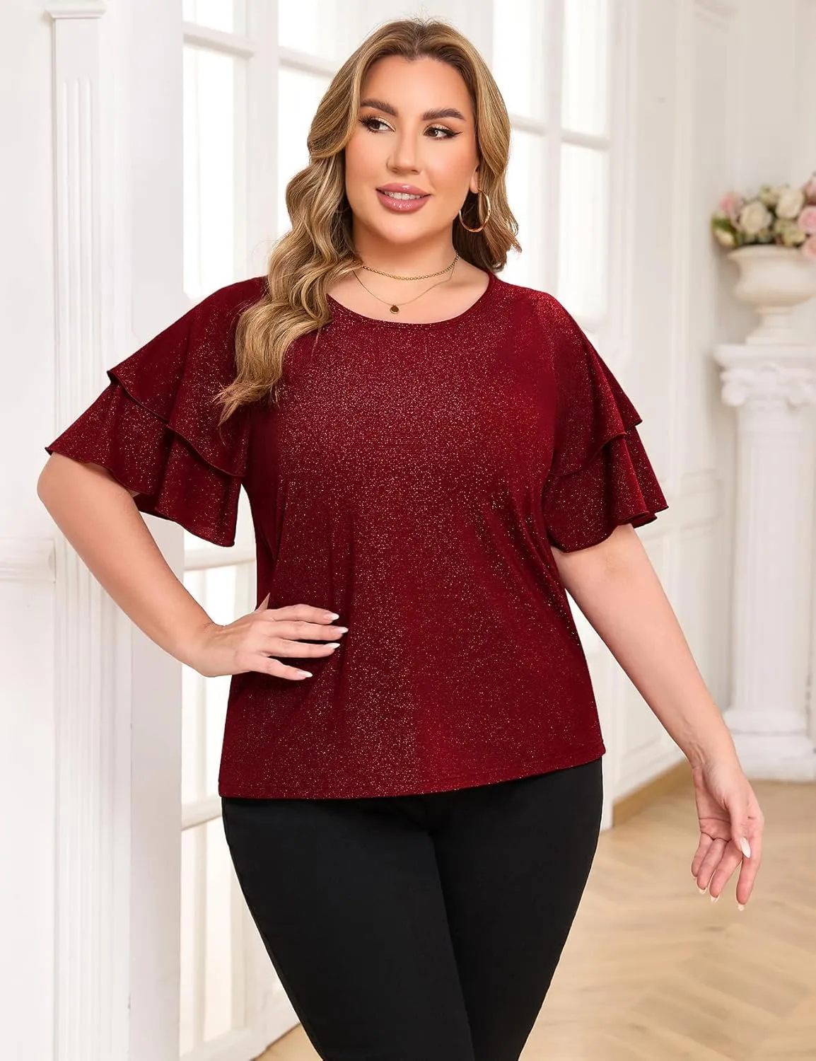 ZOMVA Women's Plus Size Sparkly Top Glitter Blouse Short Ruffle Sleeves Dressy Shirt Elegant Party