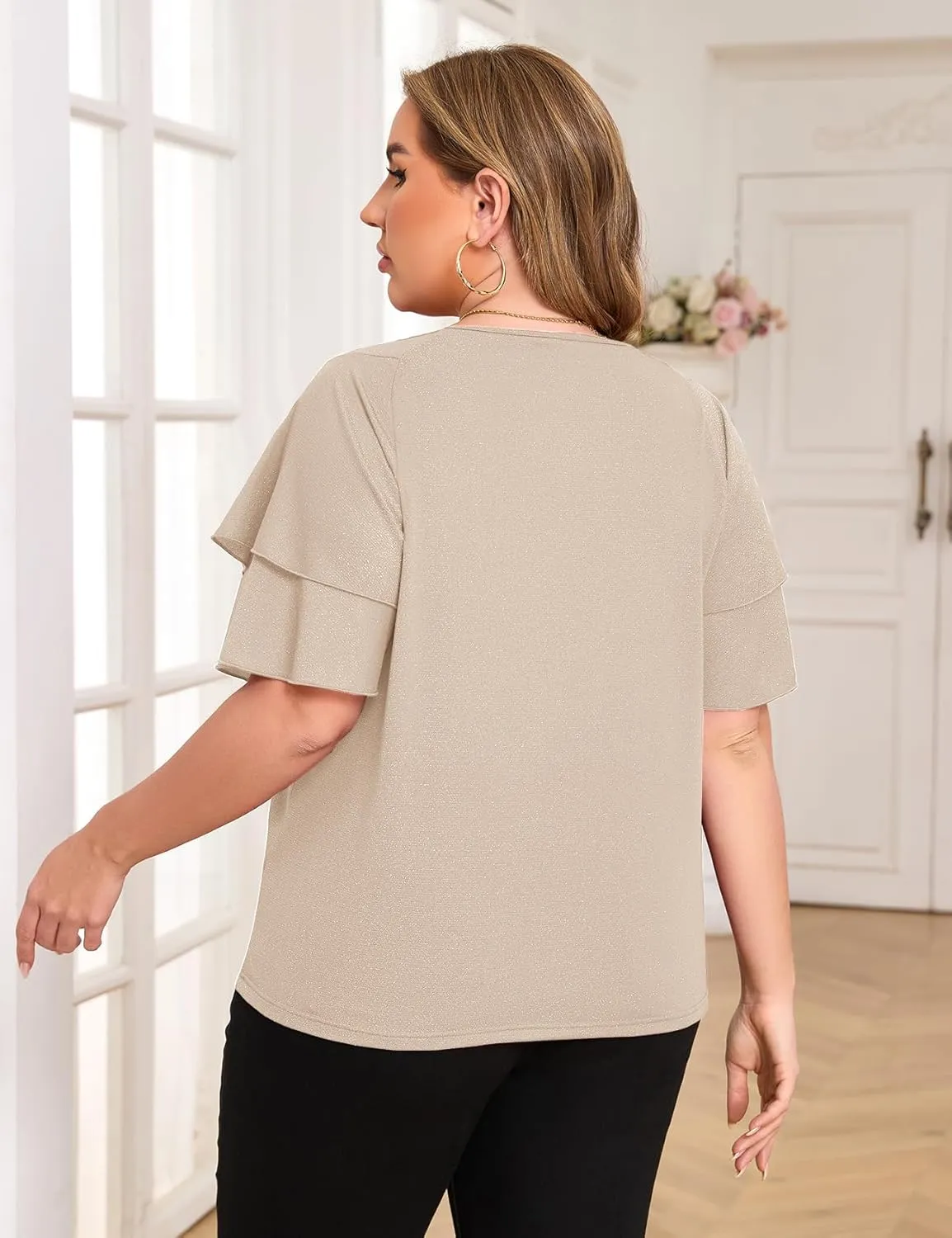 ZOMVA Women's Plus Size Sparkly Top Glitter Blouse Short Ruffle Sleeves Dressy Shirt Elegant Party