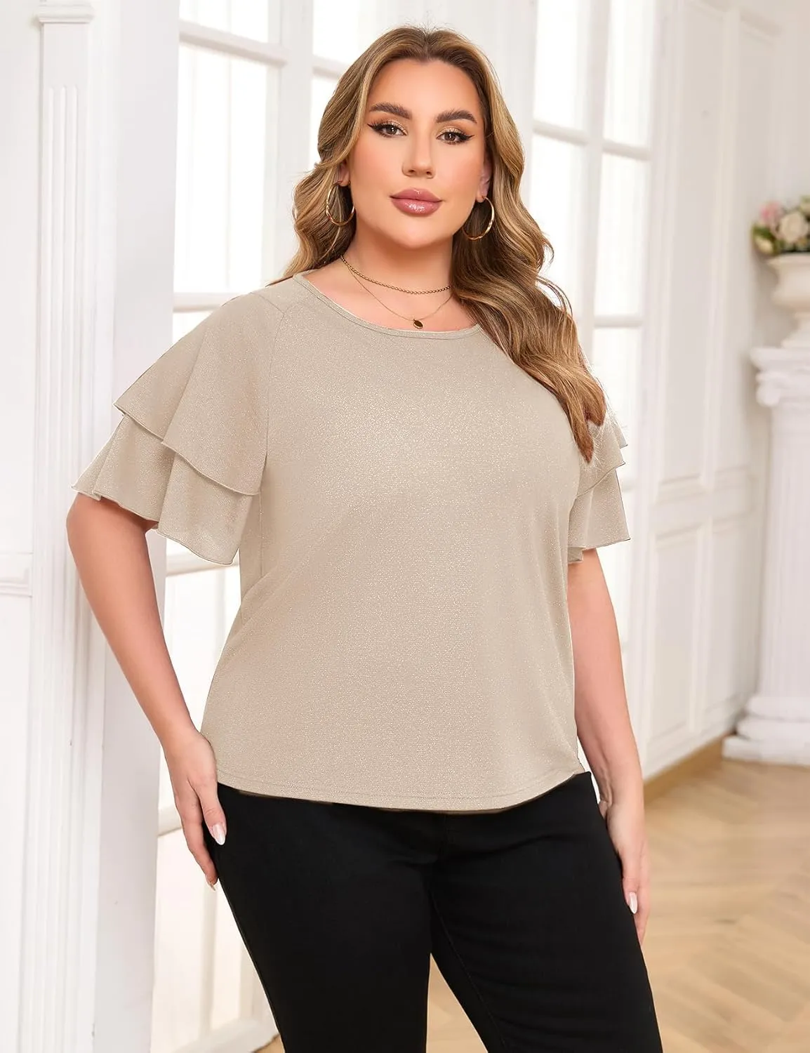 ZOMVA Women's Plus Size Sparkly Top Glitter Blouse Short Ruffle Sleeves Dressy Shirt Elegant Party