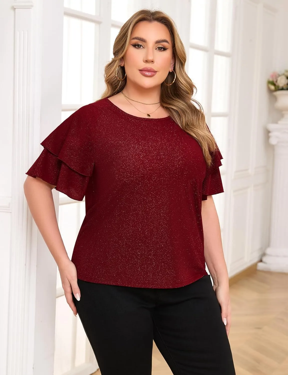 ZOMVA Women's Plus Size Sparkly Top Glitter Blouse Short Ruffle Sleeves Dressy Shirt Elegant Party