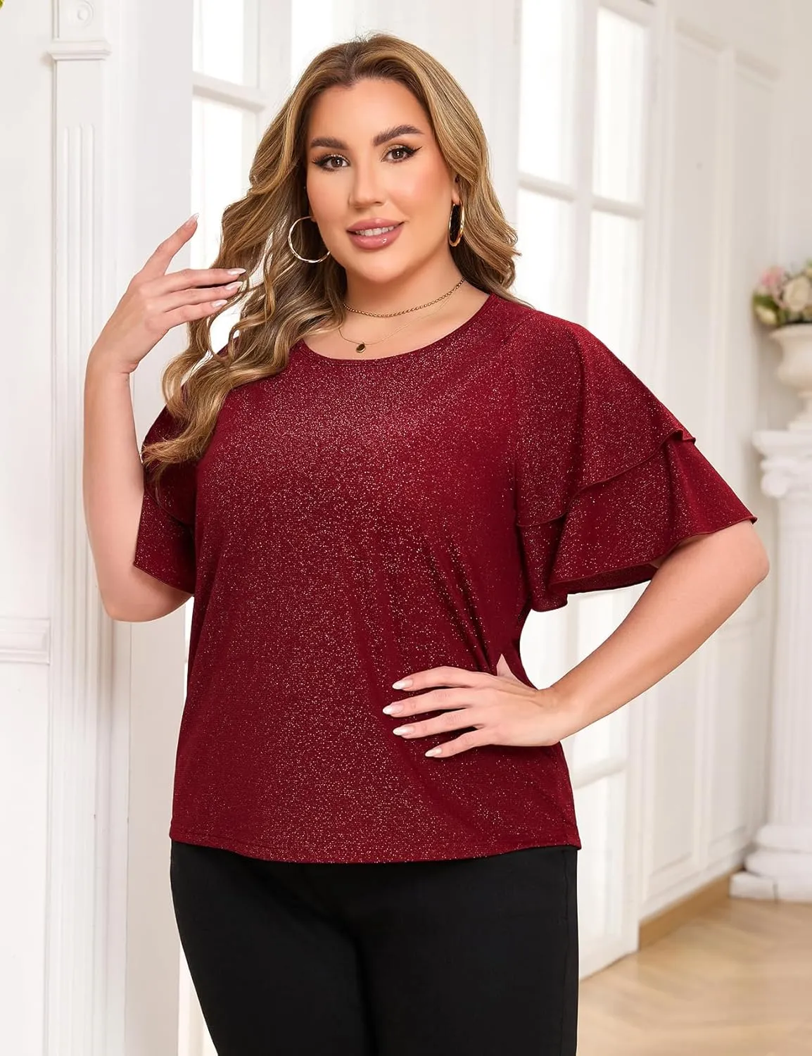 ZOMVA Women's Plus Size Sparkly Top Glitter Blouse Short Ruffle Sleeves Dressy Shirt Elegant Party