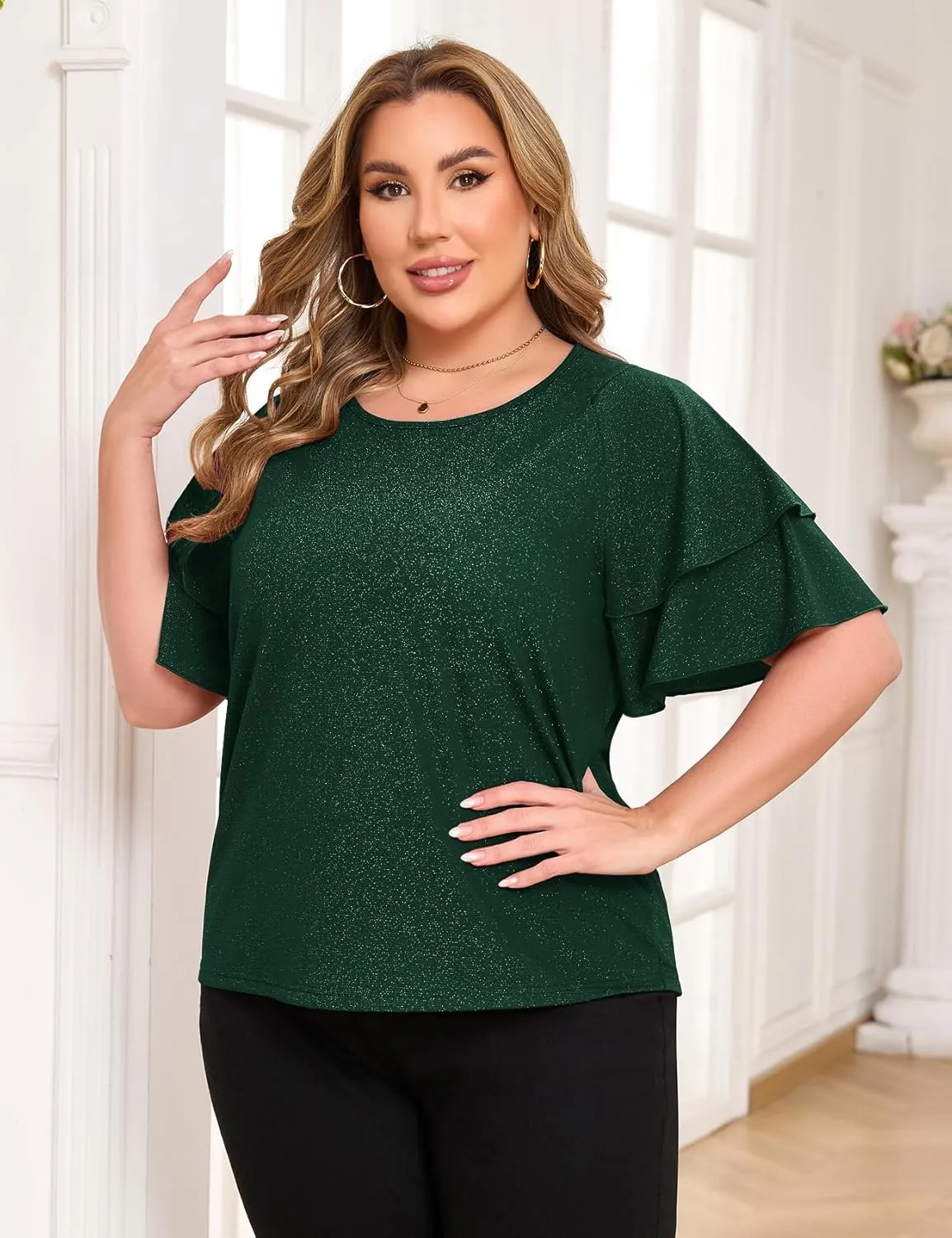 ZOMVA Women's Plus Size Sparkly Top Glitter Blouse Short Ruffle Sleeves Dressy Shirt Elegant Party