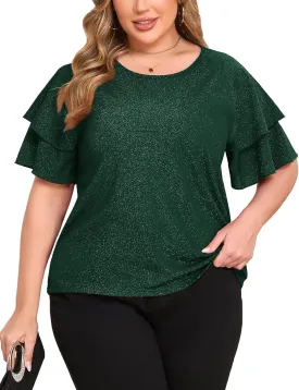 ZOMVA Women's Plus Size Sparkly Top Glitter Blouse Short Ruffle Sleeves Dressy Shirt Elegant Party
