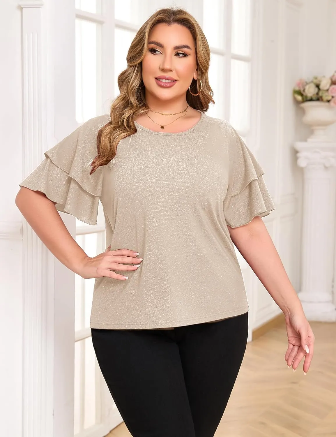 ZOMVA Women's Plus Size Sparkly Top Glitter Blouse Short Ruffle Sleeves Dressy Shirt Elegant Party