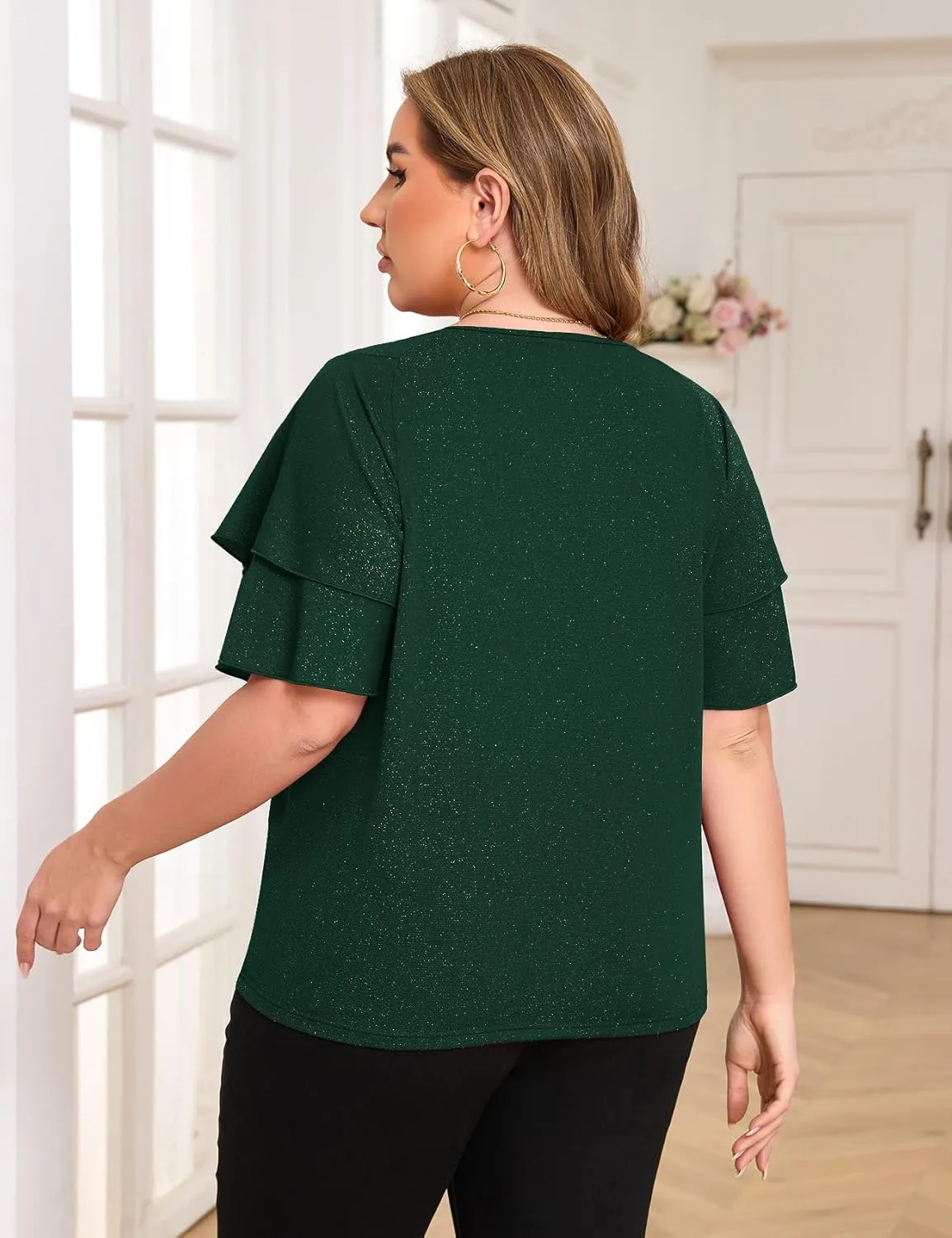 ZOMVA Women's Plus Size Sparkly Top Glitter Blouse Short Ruffle Sleeves Dressy Shirt Elegant Party