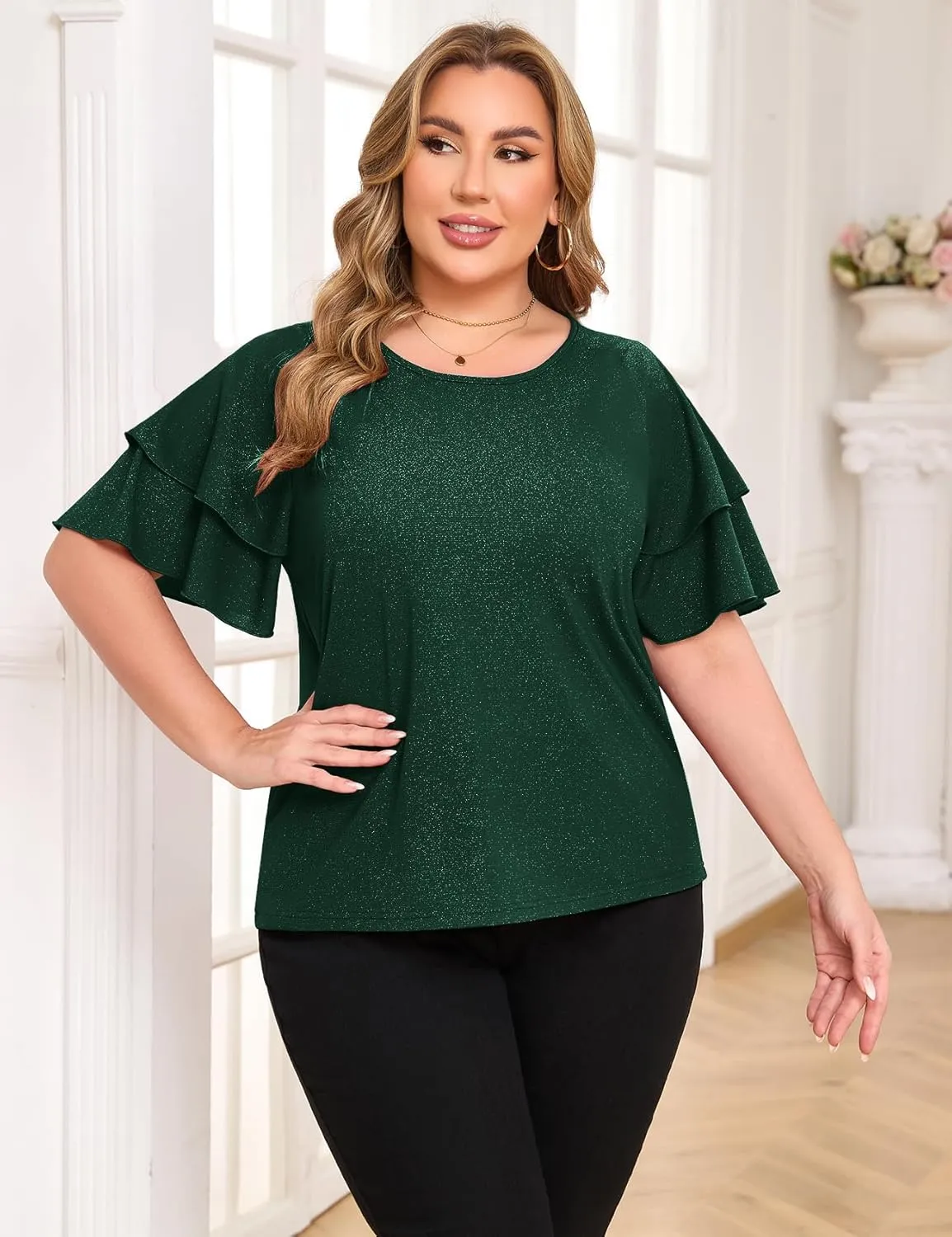 ZOMVA Women's Plus Size Sparkly Top Glitter Blouse Short Ruffle Sleeves Dressy Shirt Elegant Party