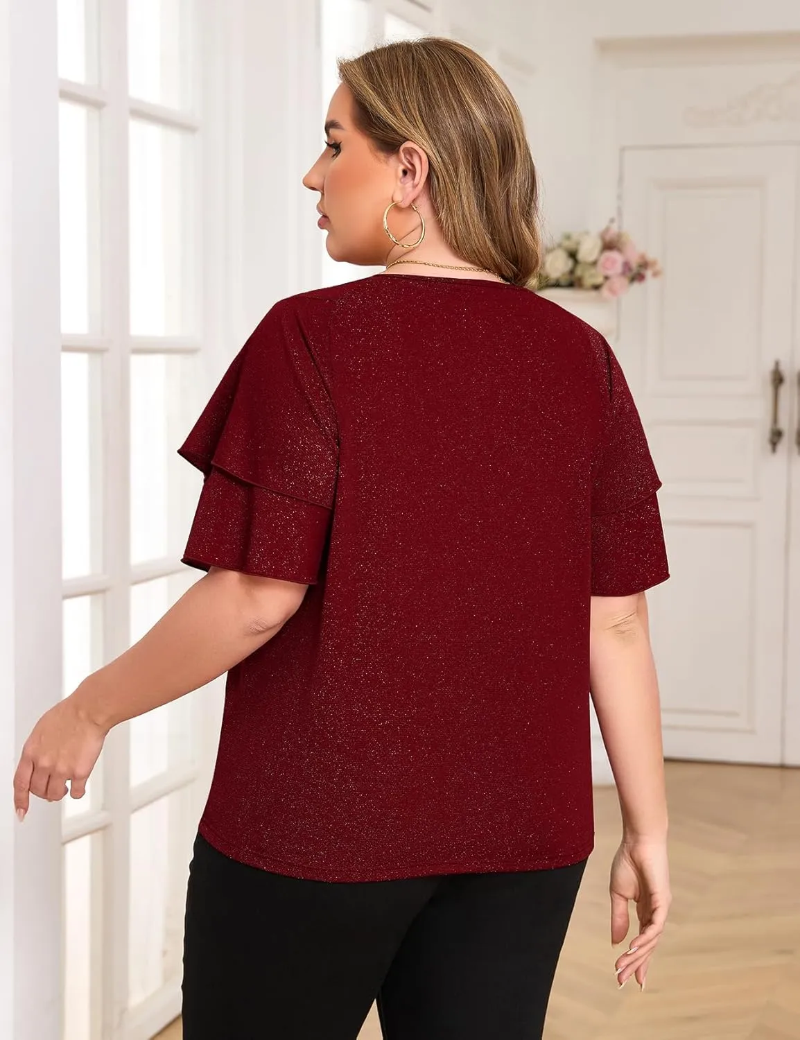 ZOMVA Women's Plus Size Sparkly Top Glitter Blouse Short Ruffle Sleeves Dressy Shirt Elegant Party