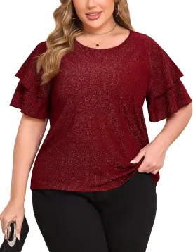 ZOMVA Women's Plus Size Sparkly Top Glitter Blouse Short Ruffle Sleeves Dressy Shirt Elegant Party