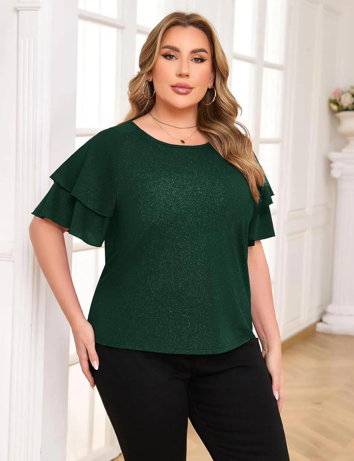 ZOMVA Women's Plus Size Sparkly Top Glitter Blouse Short Ruffle Sleeves Dressy Shirt Elegant Party